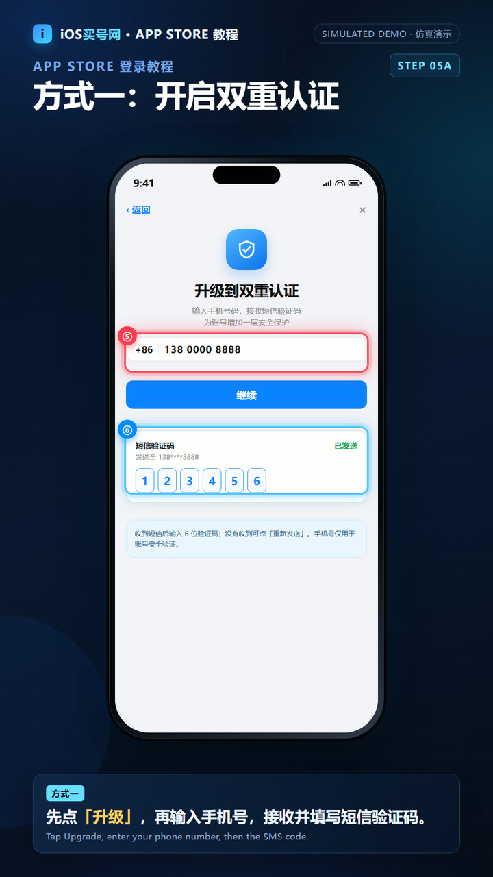 苹果ID登录App Store双重认证方式一:升级并输入手机号接收短信